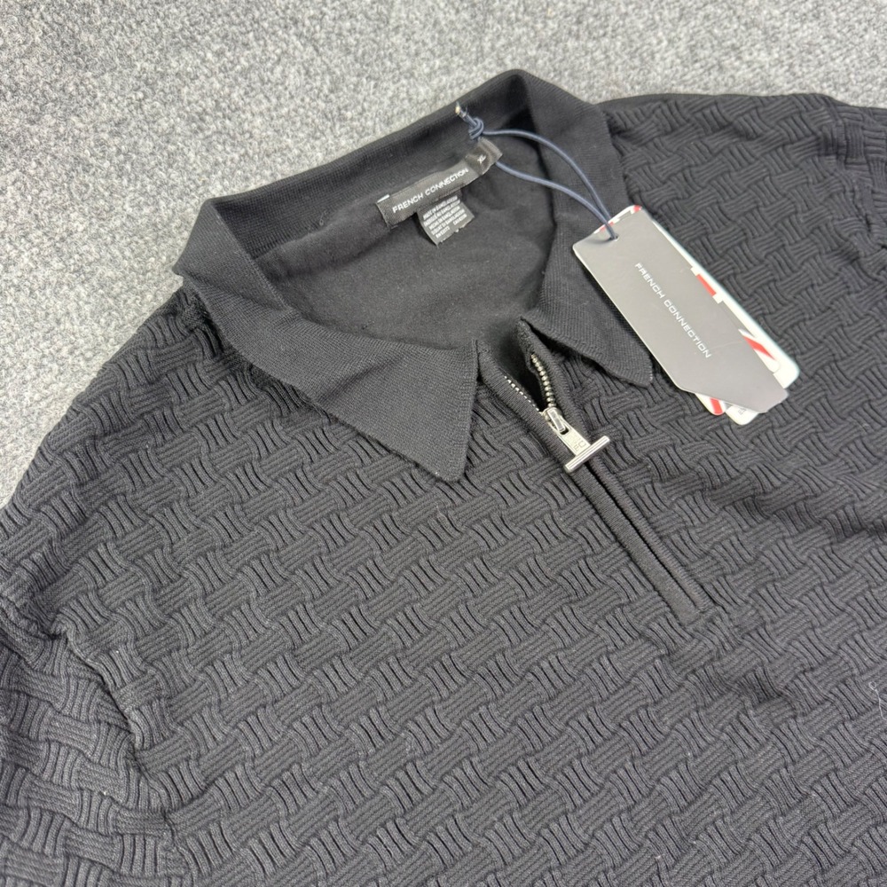 French Connection Polo Shirt XL Black Textured Quarter Zip Short Sleeve NWT Mens